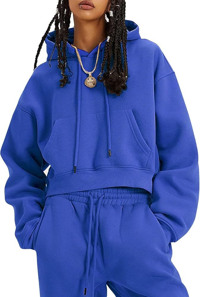 Kissonic Women's Fleece Jogger Sets 2 Pieces Sweatsuits Outfits Crop Top Hoodies Jogger Pants | Amazon (US)