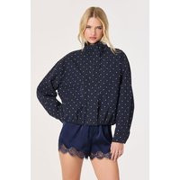 ASTR the Label | Cooper Polka Dot Funnel Neck Bomber Jacket in Navy cream dot |  Size XS | ASTR The Label (US)
