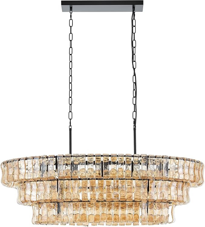 Large Modern Chandelier with Unique Amber Glass Shade, 3-Tier Dining Room Light Fixture, Farmhous... | Amazon (US)
