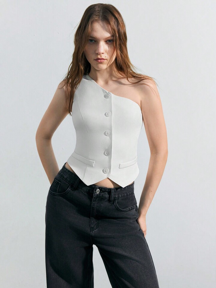 SHEIN Maija Summer Women Pure White Single-Breasted One-Shoulder Sleeveless Top | SHEIN