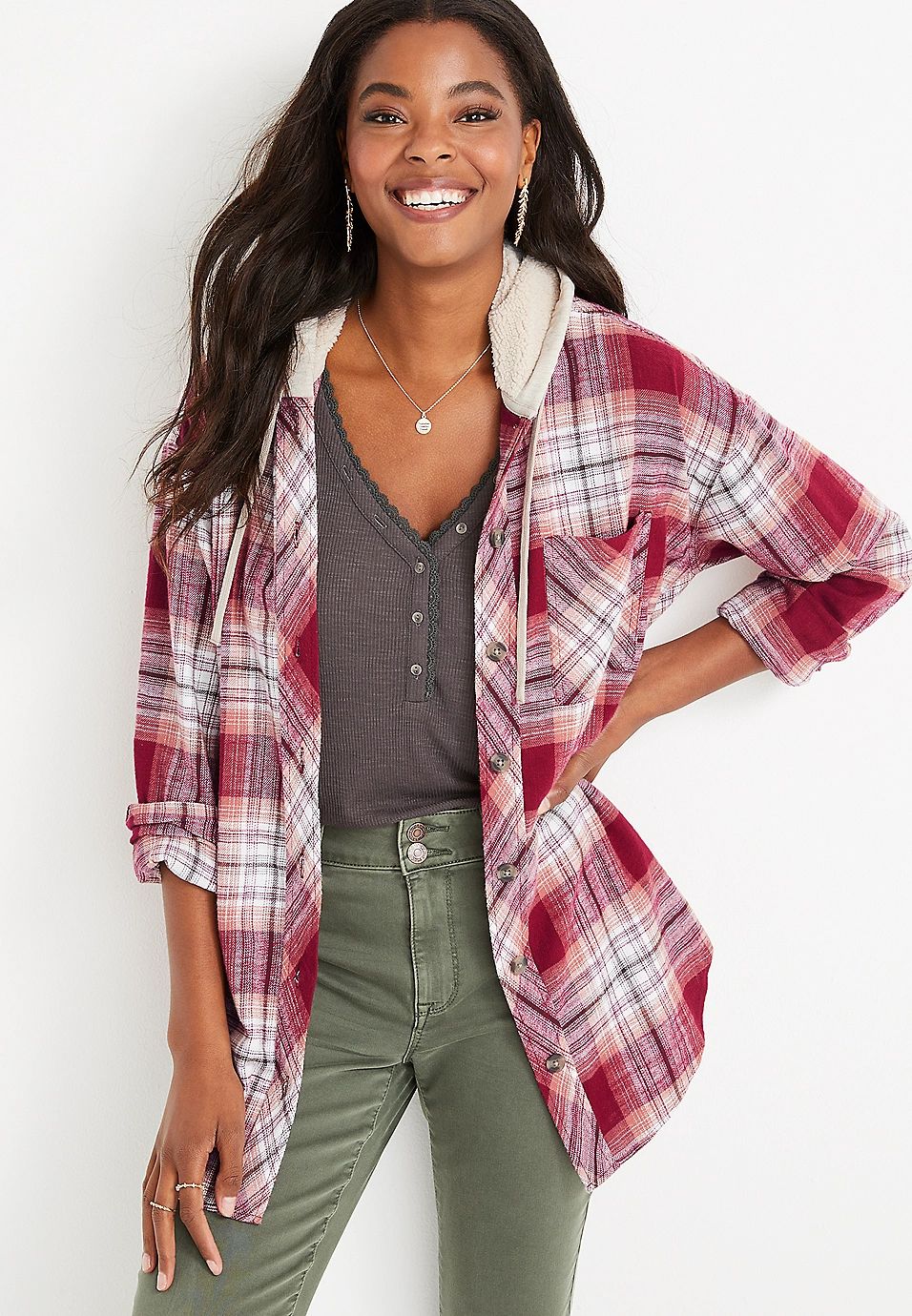 Cabin Buffalo Plaid Red Boyfriend Hooded Flannel | Maurices