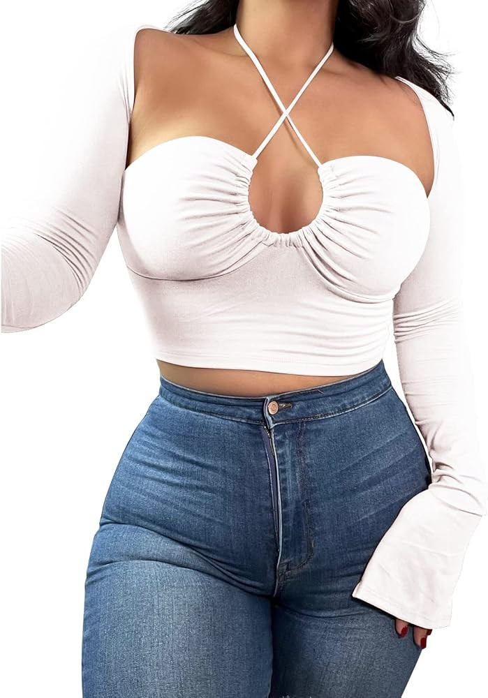 Women's Sexy Halter Criss Cross Tie Up Crop Top Basic Long Sleeve Cut Out T Shirt | Amazon (US)