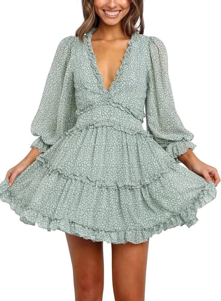 Dokotoo Womens 2023 Spring Summer Deep V Neck Ruffle Long Sleeve Floral Print Mini Dress | Amazon (US)