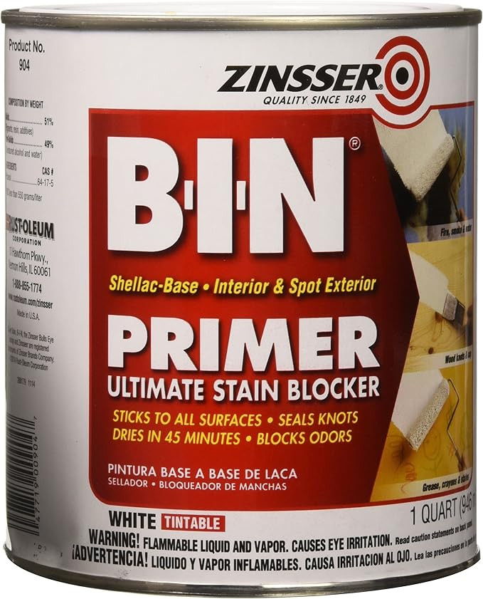 Zinsser 00904 B-I-N Pigmented Shellac Primer-Sealer & Stain Killer, White, 1 Quart | Amazon (US)