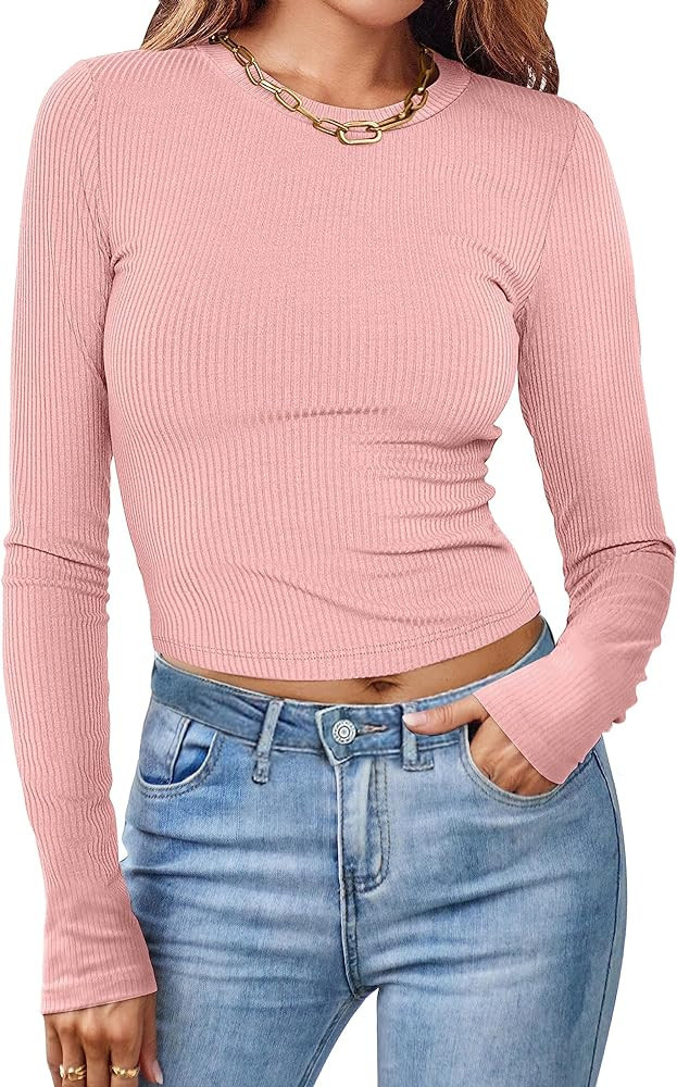 MEROKEETY Women Long Sleeve Slim Fit Crop Shirt Ribbed Knit Tops Casual Round Neck Y2K Tees | Amazon (US)