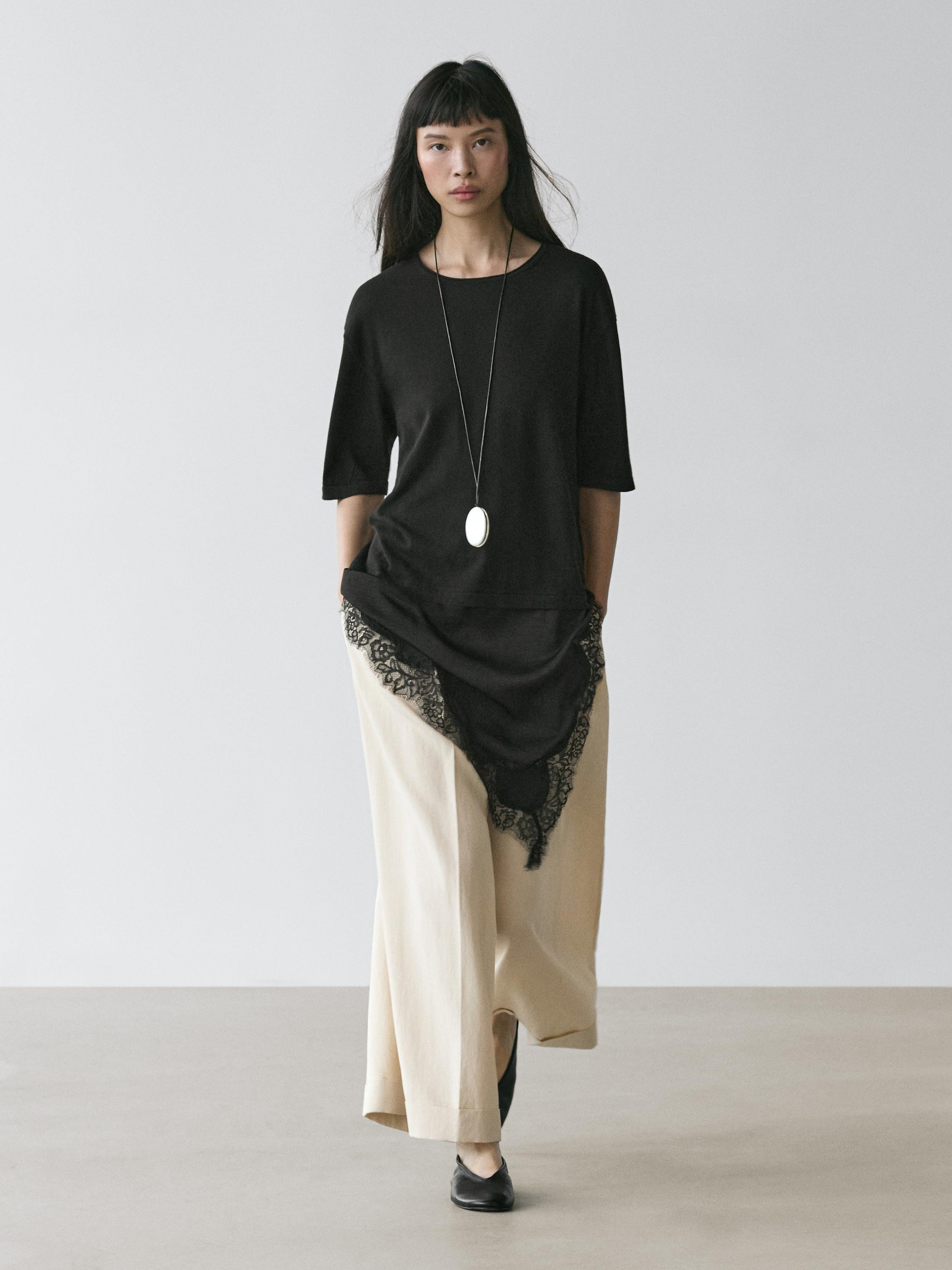 Sweater with contrast lace detail | Massimo Dutti US