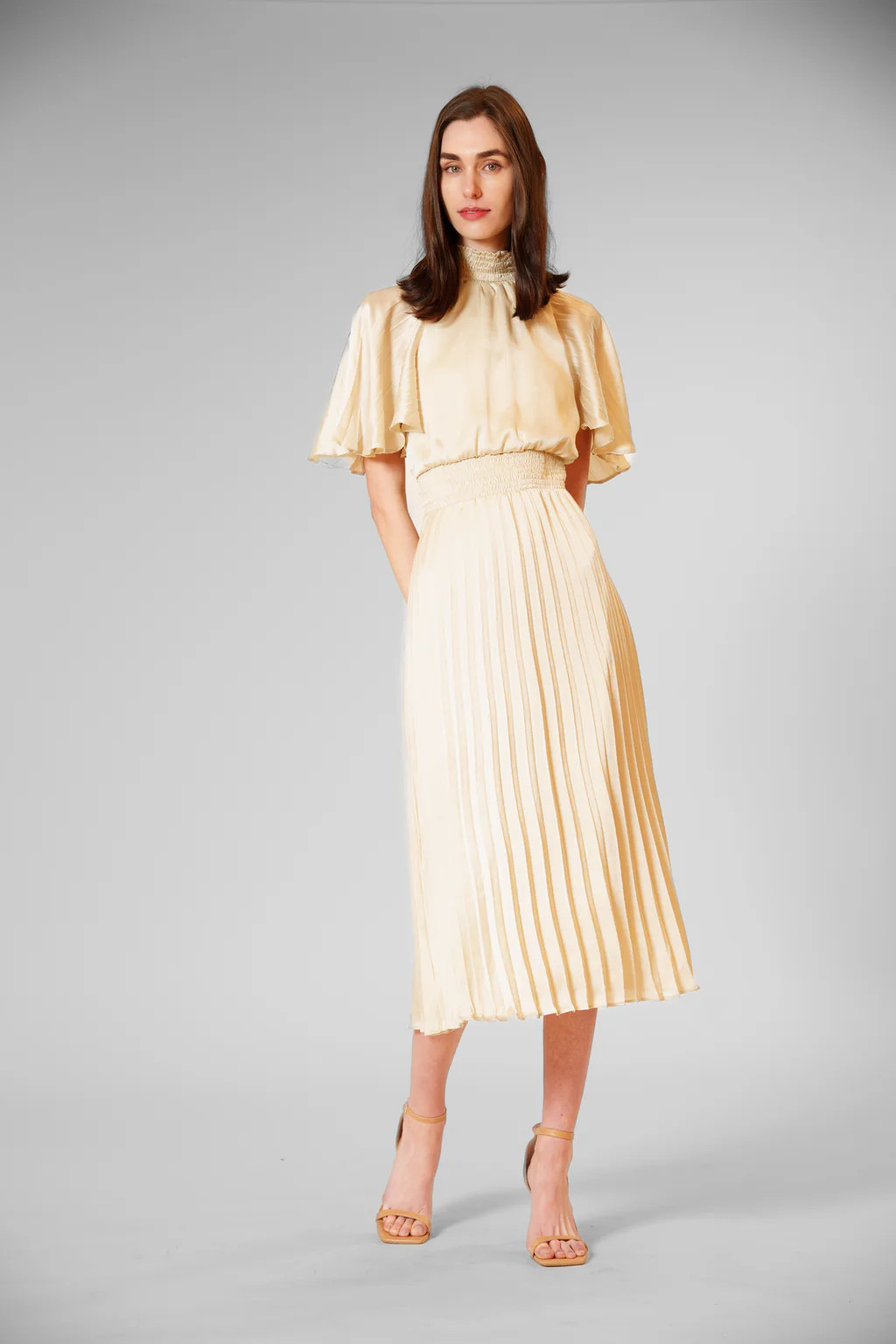 PLEATED MOCK NECK FLUTTER SLEEVE MIDI DRESS | Julia Jordan