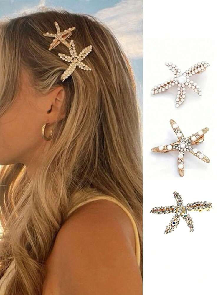 3pcs Vintage Faux Pearl Decor Starfish Shaped Hair Clip Stylish Hair Bun Maker Accessory, Suitable For Women And Girls For Daily Wear, Head Accessories, Hair Accessories For Women, Claw Clips, Hairpin, Beach Accessories | SHEIN
