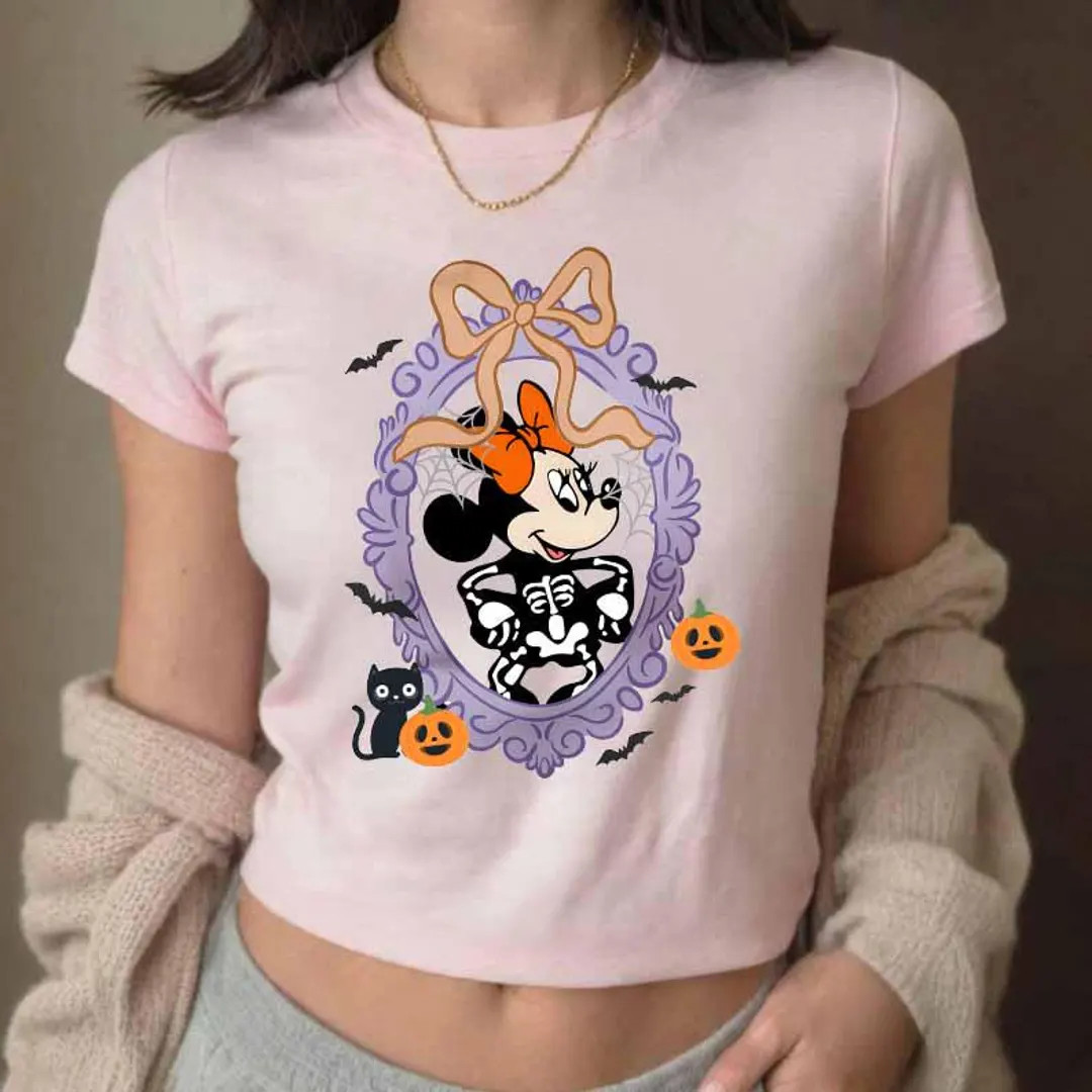 Coquette Bow Disney Halloween Baby Tee Crop Top, Halloween Mickey and Friends Baby Tee for Disney... | Etsy (US)