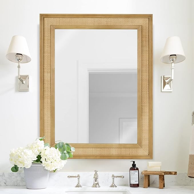 WallBeyond Rattan Wall Mirror Rectangle, 32 X 44 inch Rattan Mirror with Wooden Framed for Wall D... | Amazon (US)