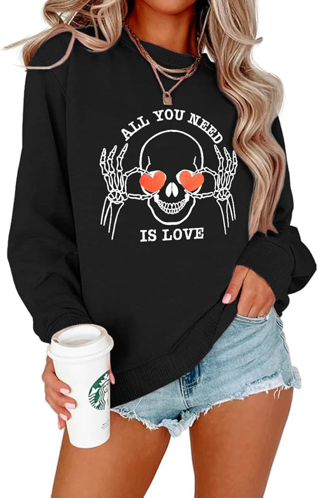 KEKEMI Women Valentine's Day Sweatshirt All You Need Is Love Printed Shirt Retro Skull Heart Grap... | Amazon (US)