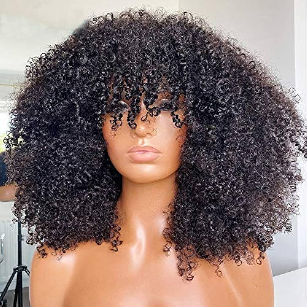 ARUKIHAIR Afro Kinky Curly Wig With Bangs Full Machine Made Scalp Top Wig 200 Density Virgin Braz... | Amazon (US)