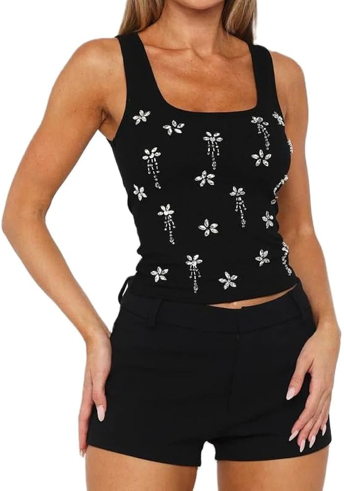 Beaded Ribbed Tank top Women Y2K Sleeveless Scoop Neck Slim Fit Sequin Cami Shirt Emblished Rhine... | Amazon (US)