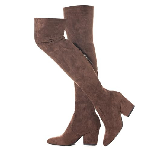 N.N.G Women's Over the Knee Boots, Coffee Brown Synthetic Suede, 3 Inch Block Heel, Back Zip, Stretch Material, Classic Style for Office Evening Casual Wear, Size 5.5 M Width | Amazon (US)