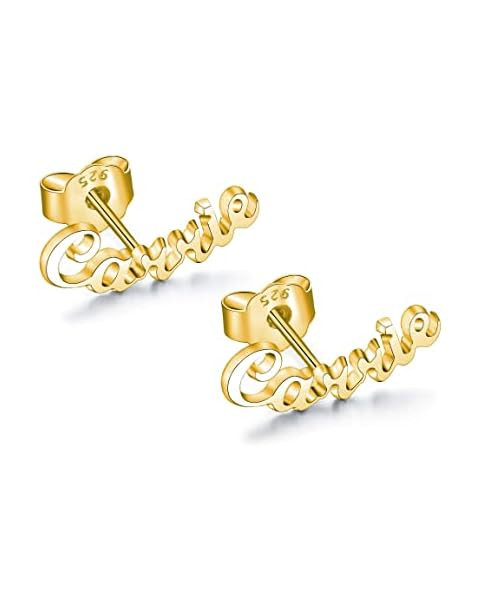 MRENITE 10k 14k 18k Solid Yellow Gold Personalized Name Stud Earrings – Dainty Nameplate Jewelr... | Amazon (US)