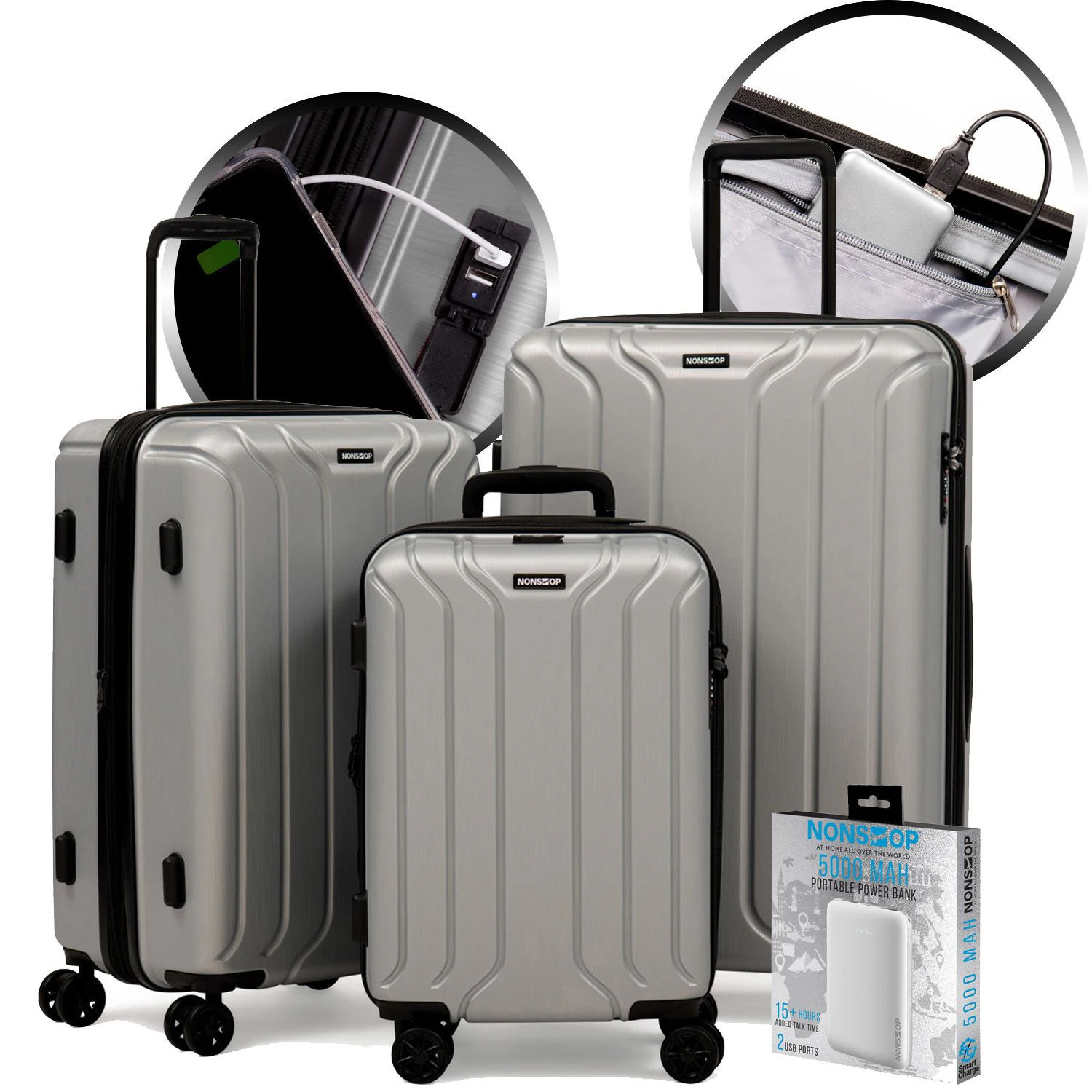 Nonstop New York 3 Piece Set (20"" 24"" 28"") Spinner l Luggage Set + PowerBank & 3 packing cubes, Silver | NS-NY181-801+5KSL-08 | Lowe's