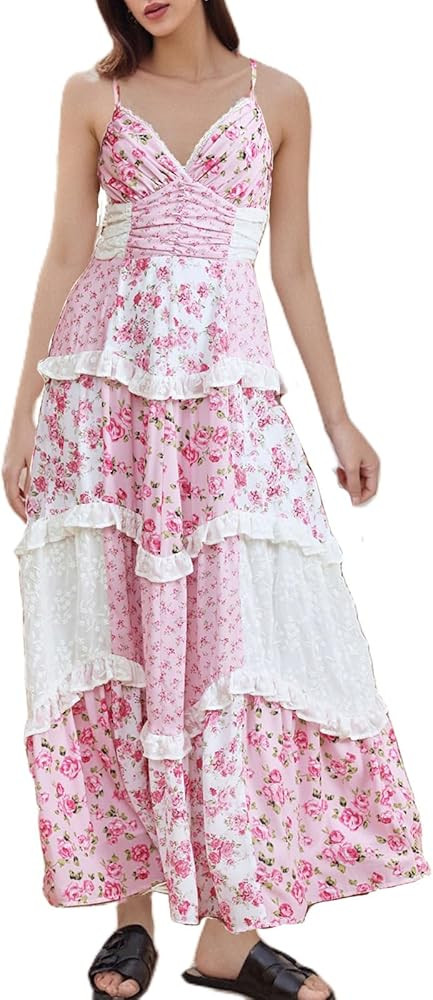Women Boho Tie Shoulder Maxi Dress Y2k Floral Smocked Long Dress Sleeveless Flowy Summer Beach Su... | Amazon (US)