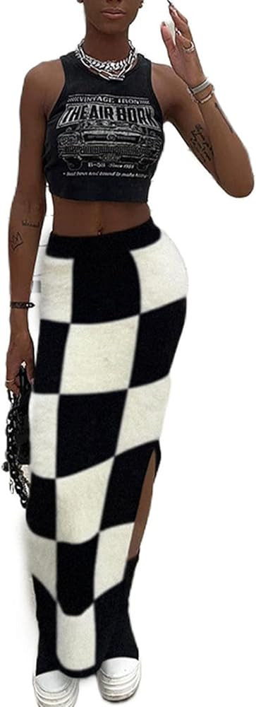 Women High Waist Plaid Elastic Long Skirts Side Split Knit Bodycon Midi Skirt | Amazon (US)