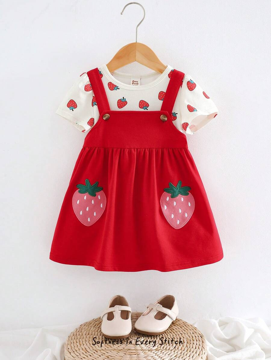 Cozy Pixies 2pcs/Set Baby Girl Strawberry Pattern Knit Soft Round Neck Short Sleeve Pullover Top ... | SHEIN