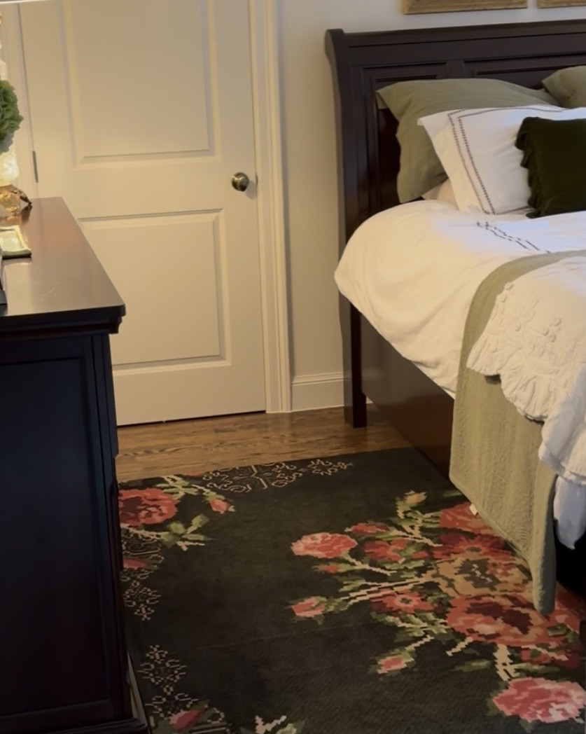 Most asked about rug in the guest bedroom — and for good reason. The green with pink florals is bold, gorgeous, and such a statement piece. Perfect for a bedroom, sitting room, or anywhere you want a collected pop of color.