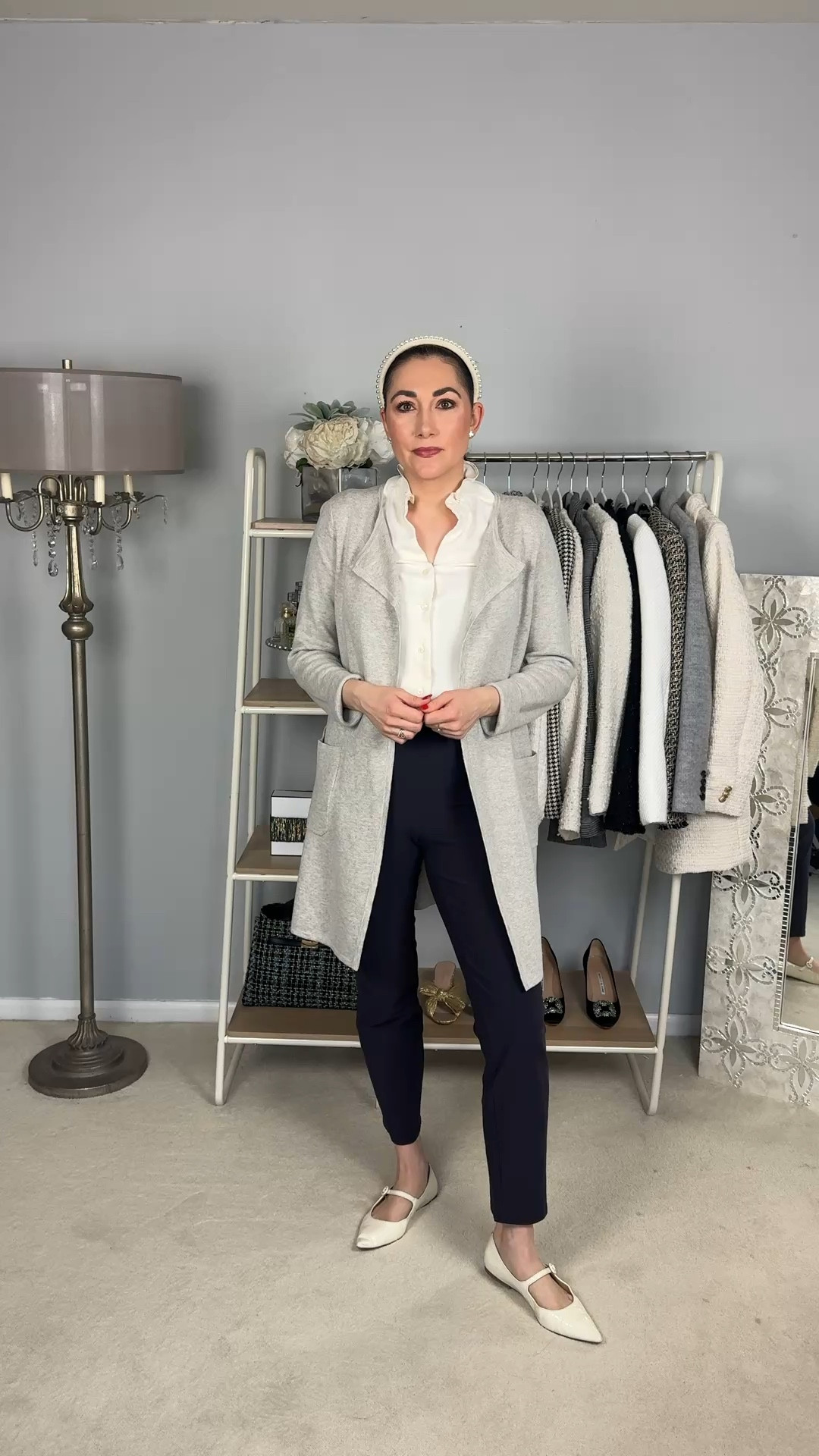 Business casual spring work outfit 💙🩶🤍

Grey long cardigan 
White sleeveless blouse 
Navy stretchy pants 
White pointed toe Mary Jane flats 

Work wear 
Office outfit 

#LTKstorytime #LTKootd #LTKWorkwear