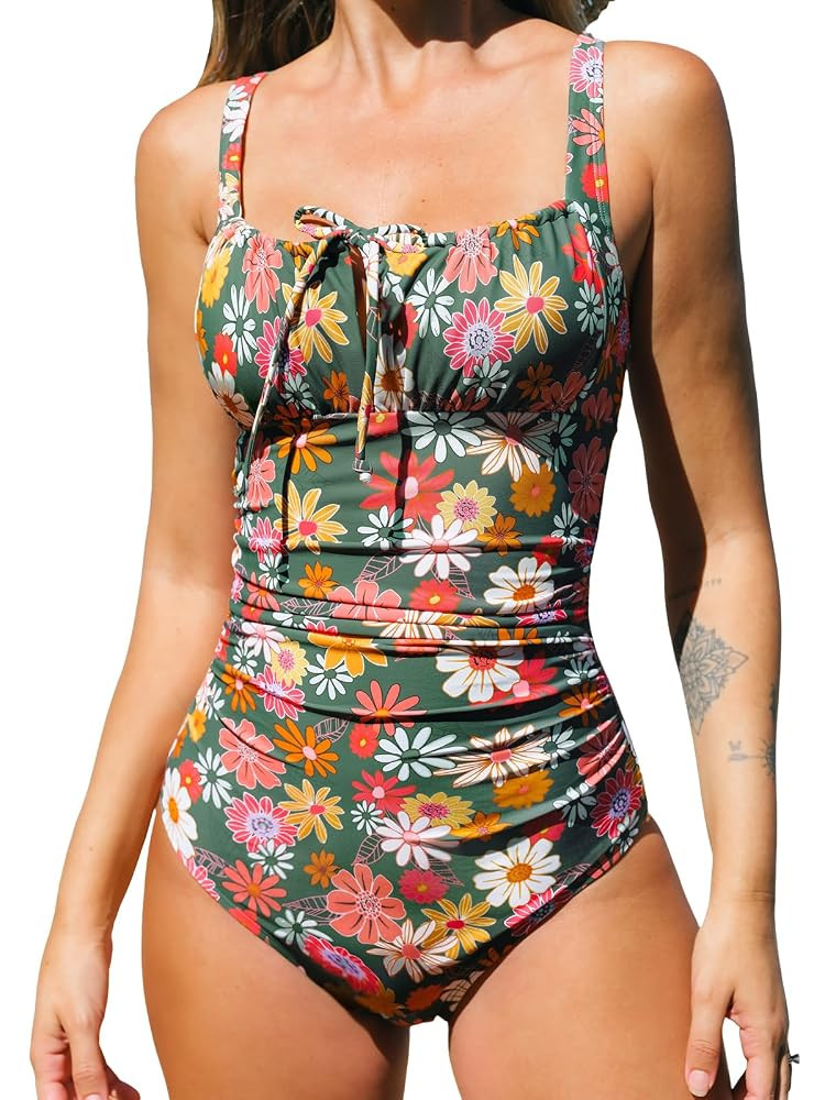CUPSHE Women's One Piece Swimsuit Bathing Suit Square Neck Back Cut Out Drawstring Self Tie Back ... | Amazon (US)