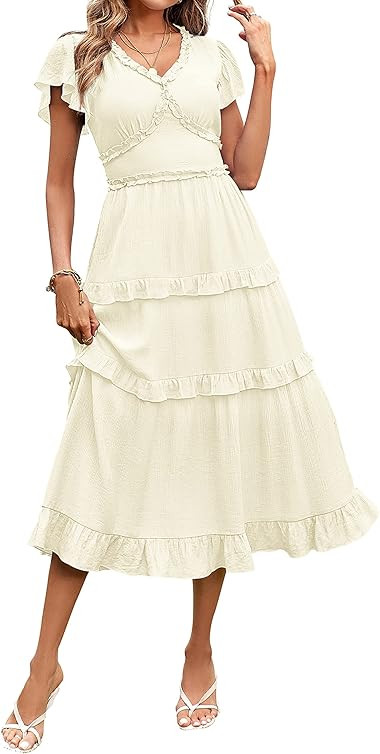 MEROKEETY Womens 2023 Summer Casual V Neck Flutter Sleeve High Waist Ruffle Tiered Midi Dress | Amazon (US)