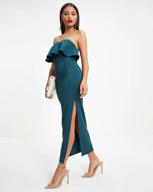 Cheers To The Night Strapless Ruffle Midi Dress - Dark Teal - FINAL SALE | VICI
