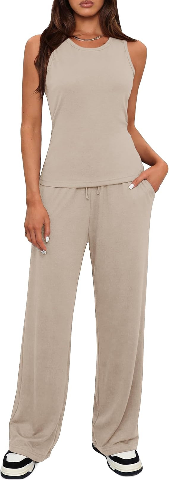 Totatuit Women 2 Piece Sets Summer Lounge Matching Sets Round Neck Sleeveless Top Wide Leg Pants ... | Amazon (US)