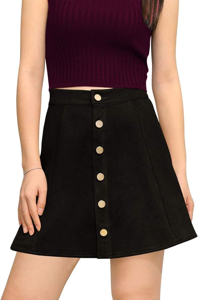 Allegra K Women's Faux Suede Button A-Line High Waisted Halloween Flared Mini Short Skirt | Amazon (US)