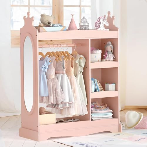 Curipeer Kids Dress up Storage with Mirror, Kids Wardrobe with 3 Hooks, Kids Closet for Girls Boy... | Amazon (US)
