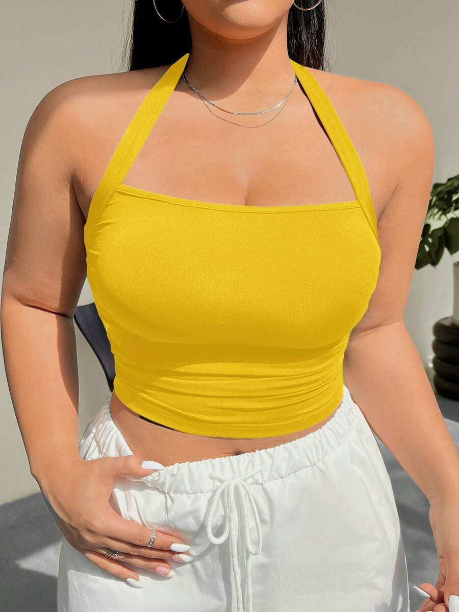 SHEIN EZwear Plus Size Women Solid Color Cropped Drawstring Waist Halter Top' | SHEIN