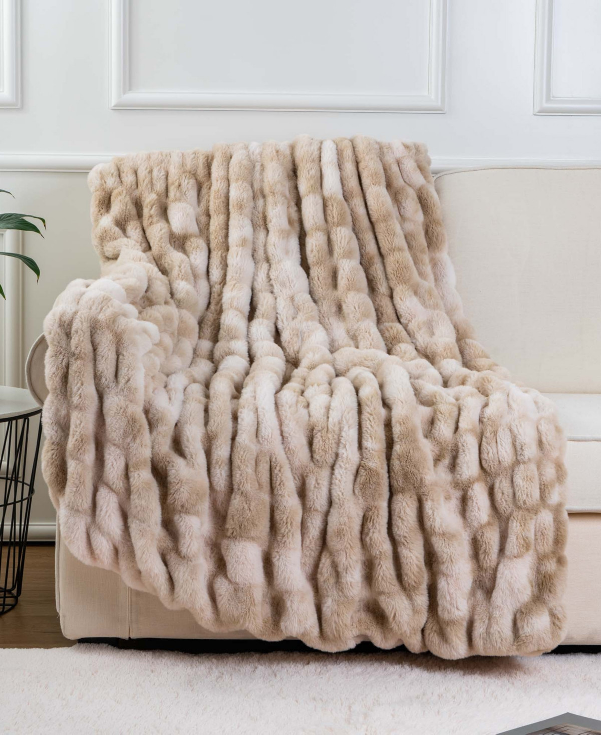 Happycare Textiles Fuzzy Faux Fur Throw, 60" x 50" - Beige | Macy's
