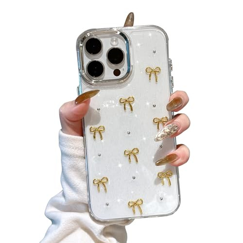 EYZUTAK Case for iPhone 16 Pro, Bling Glitter 3D Bowknot Phone Case Cute Sparkly Crystal Clear Bow Aesthetic Design Case Slim Soft Durable TPU Transparent Protective Cover for Women Girls - Gold Bow | Amazon (US)