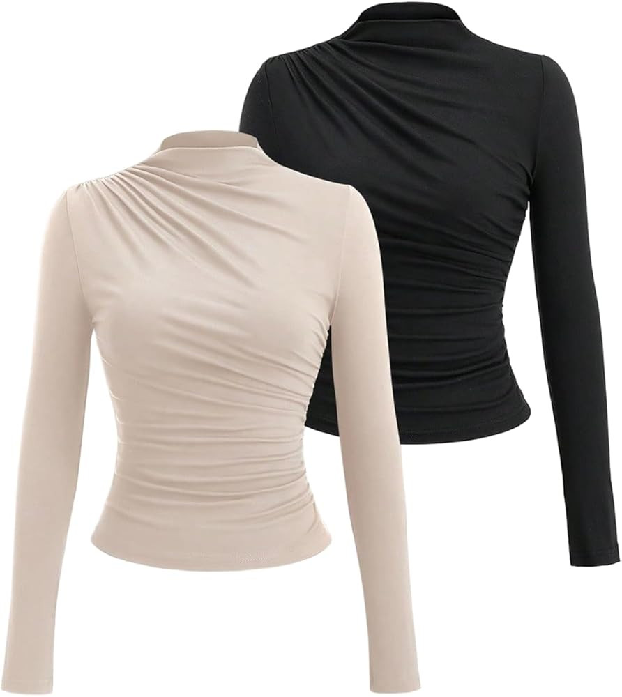 SweatyRocks Women's 2 Pack Ruched Mock Neck Long Sleeve T Shirt Fitted Tee Tops | Amazon (US)
