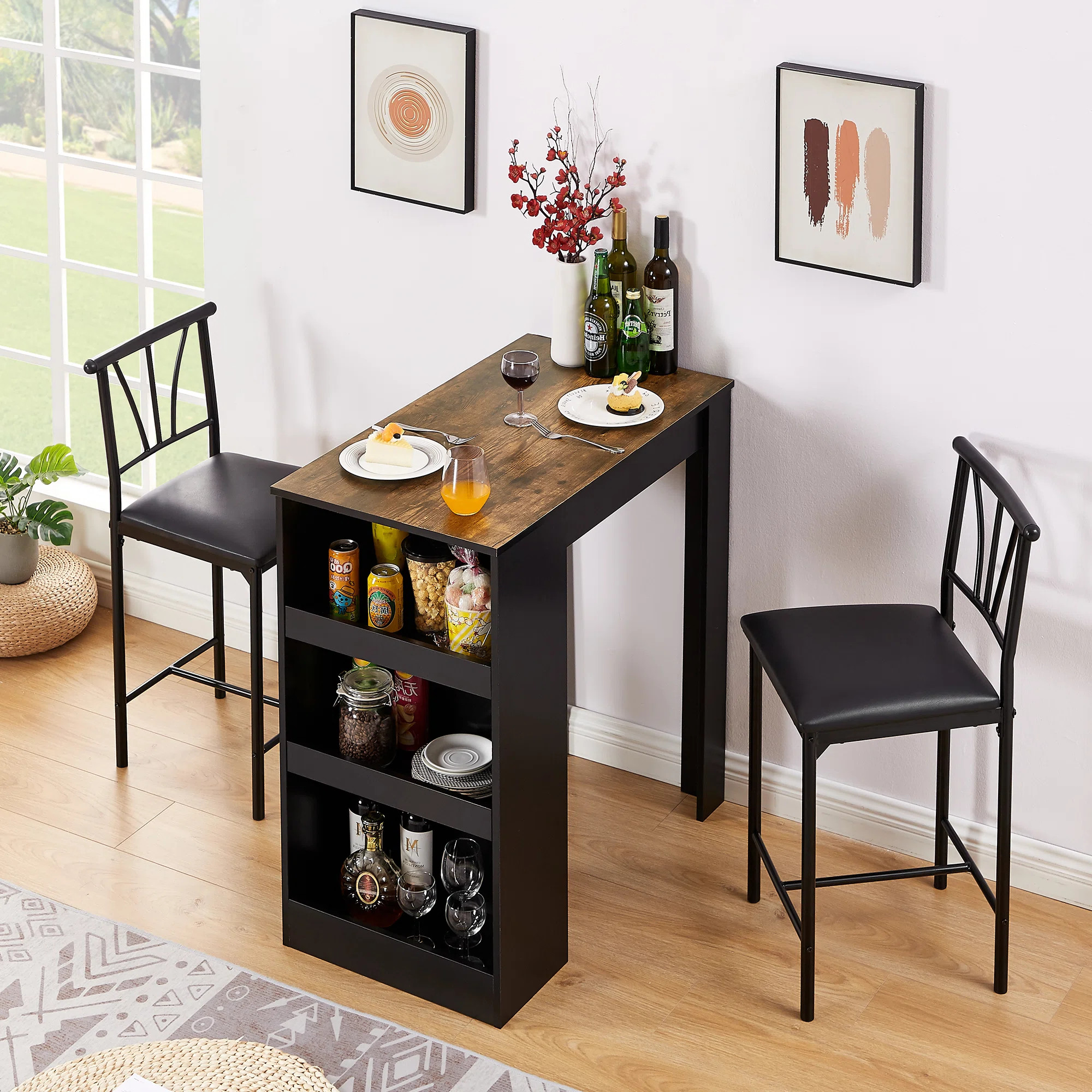 Alaura 2 - Person Counter Height Dining Set Dining Table with Triple Storage Tiers Upholstered Ch... | Wayfair North America