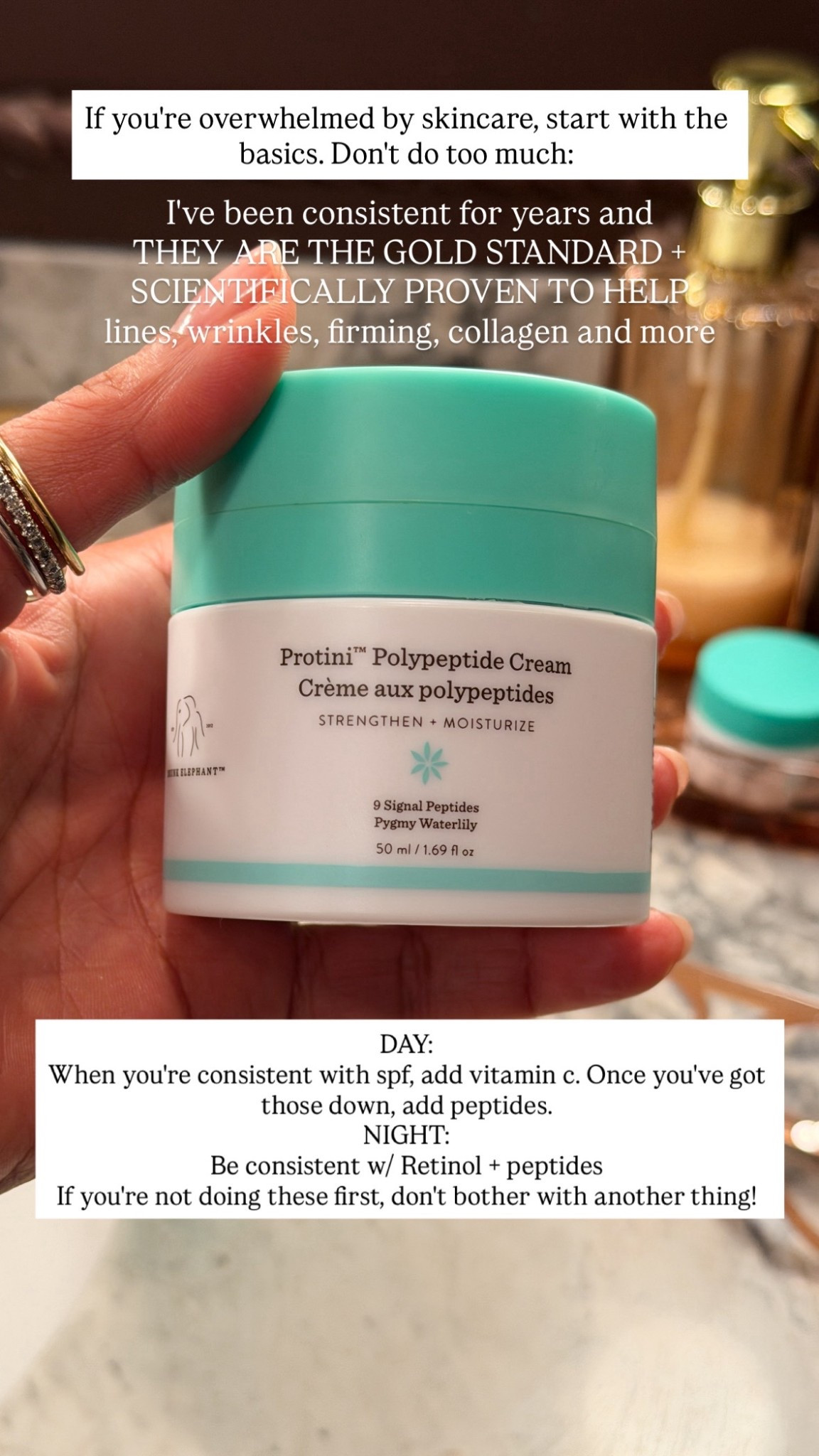 If you're overwhelmed by skincare, start with the basics. Don't do too much! Here’s my skincare routine: DAY:
When you're consistent with spf, add vitamin c. Once you've got those down, add peptides.
NIGHT:
Be consistent w/ Retinol + peptides
If you're not doing these first, don't bother with another thing!

#LTKOver40 #LTKselfcare #LTKBeauty