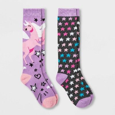 Girls' 2pk Knee High Unicorn Socks - Cat & Jack™ Purple/Black | Target