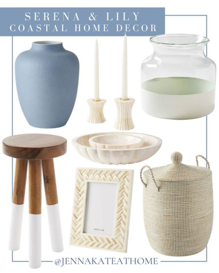 Coastal style home decor from Serena & Lily, including ceramic bases, candlestick holders, decorative bowls, decorative stool, seagrass, storage basket, picture frames, and glass flower vase

#LTKfamily #LTKhome