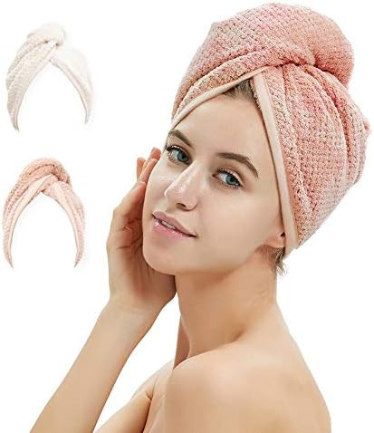 2 Pack Hair Towel Wrap,Hair Drying Towel with Button, Microfibre Hair Towel, Dry Hair Hat, Bath H... | Amazon (US)