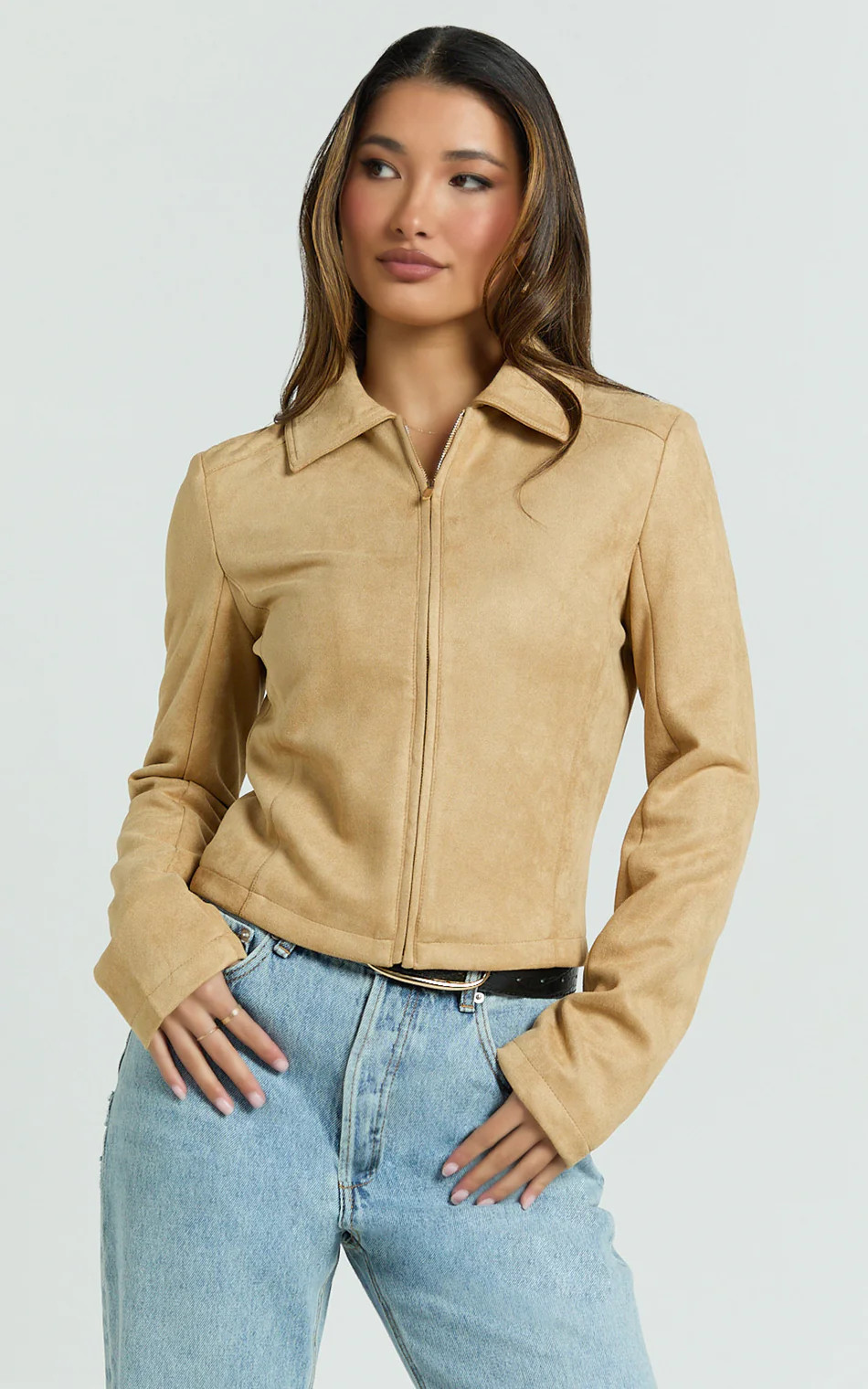 Welmina Jacket - Suede Collared Fitted Jacket in Sand | Showpo (US, UK & Europe)
