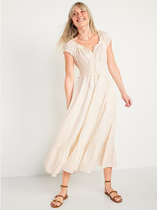 Waist-Defined Puff-Sleeve Clip-Dot Midi Dress for Women | Old Navy (US)