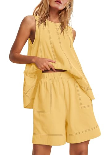 Panadila Womens Summer 2 Piece Sets Beach Vacation Outfits High Neck Tank Top and Shorts Set Resort Wear Matching Clothes (Yellow,L) | Amazon (US)