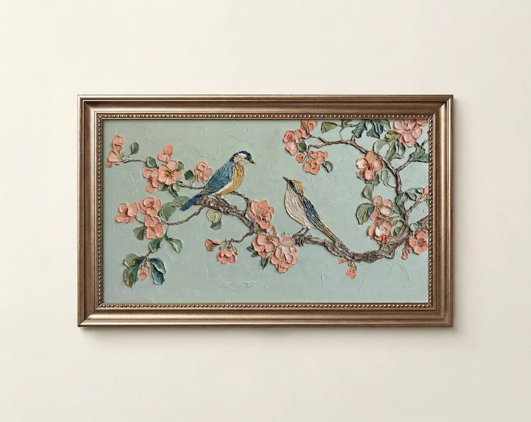 Birds Frame TV Art Chinoiserie Style, Textured Blossom Branch Painting, Coastal Spring pastel Flo... | Etsy (US)