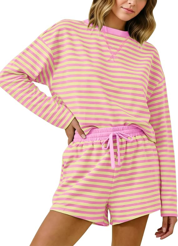 Women 2 Piece Striped Lounge Set Long Sleeve T-Shirts Drawstring Shorts Matching Pajamas Sets Cas... | Amazon (US)