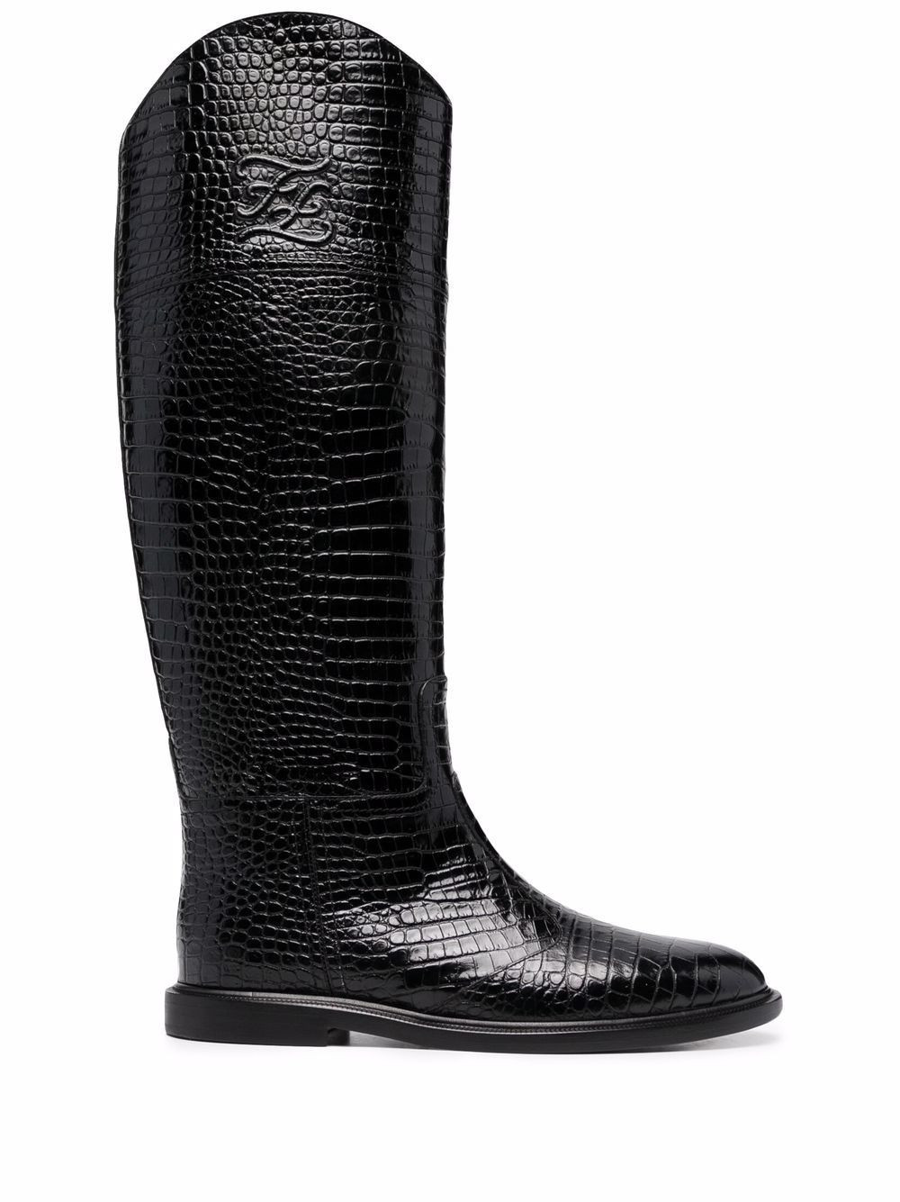 FENDI Karligraphy croc-effect knee-high boots - Black | Farfetch Global