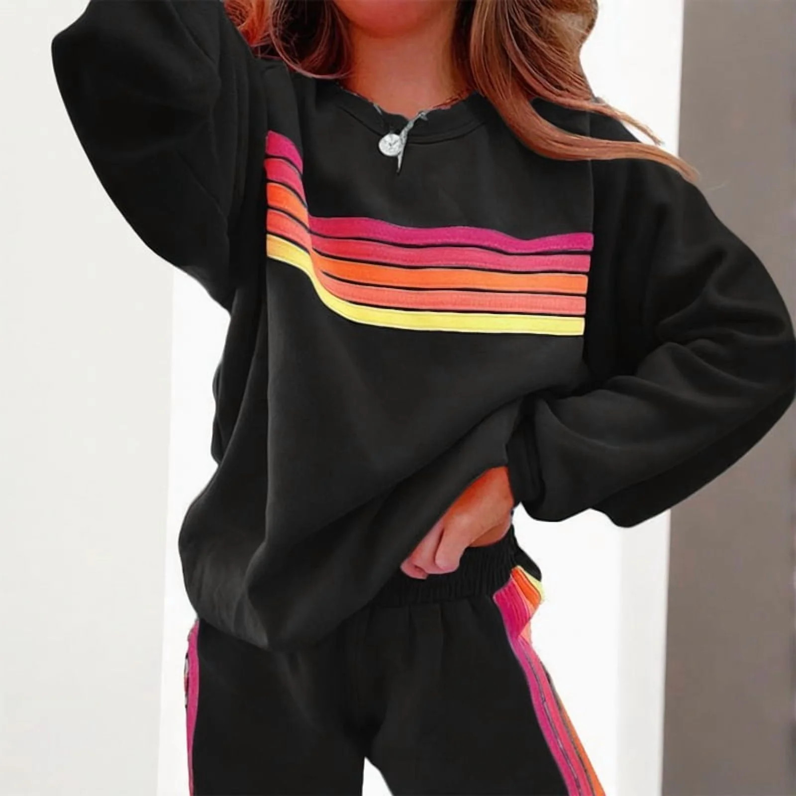 MORTTIC Women's Striped Long Sleeve Crewneck Sweatshirt & Pants Set - Stretchy Elastic Waistband,... | Walmart (US)