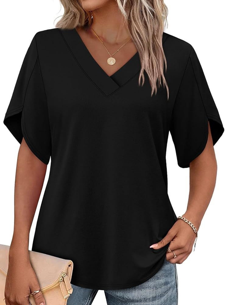 WIHOLL Womens Summer Tops Short Petal Sleeve Shirts Fashion V Neck Outfits Clothes | Amazon (US)