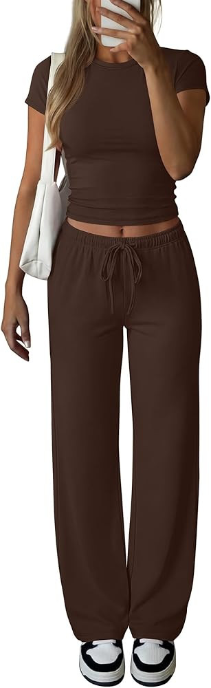 ANRABESS Women's 2 Piece Summer Matching Lounge Sets Wide Leg Pants Ruched Crop Tops Sweatsuits S... | Amazon (US)