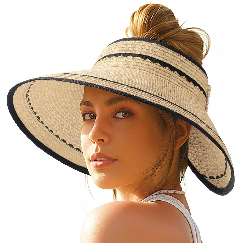 Sun Hats for Women, Beach Hat Sun Hat Women Visor Hats Wide Brim Straw Ponytail Hats for Women Fo... | Amazon (US)